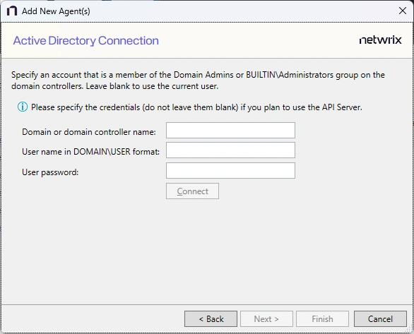 Active Directory Connection page with blank text boxes