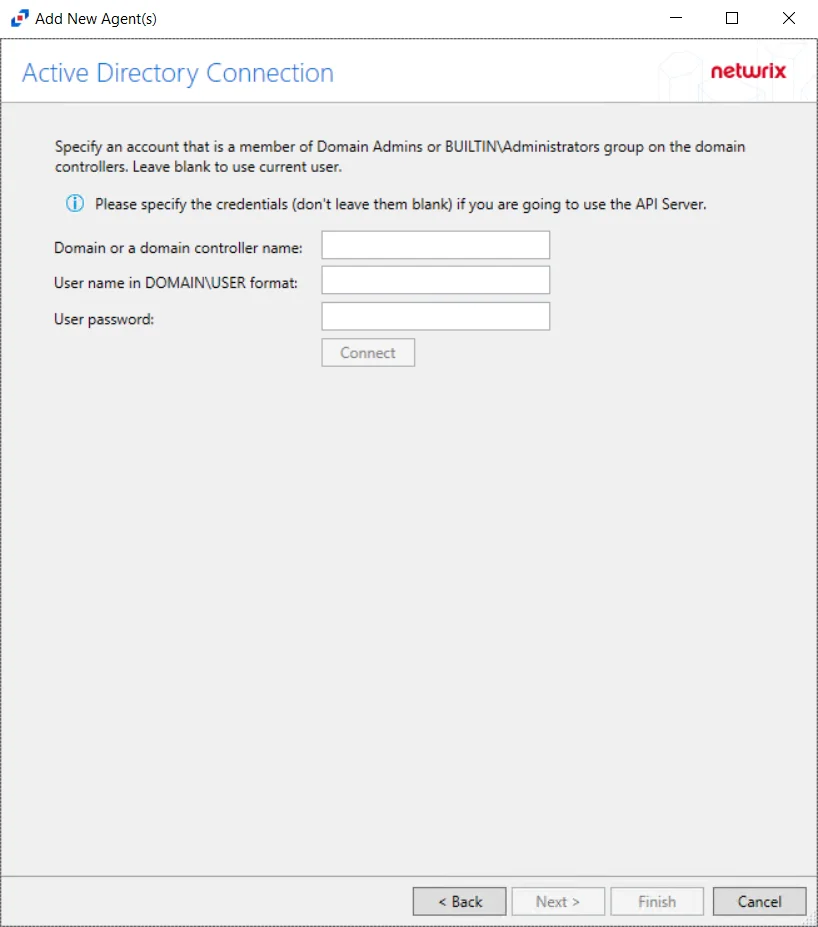 Active Directory Connection page with blank text boxes