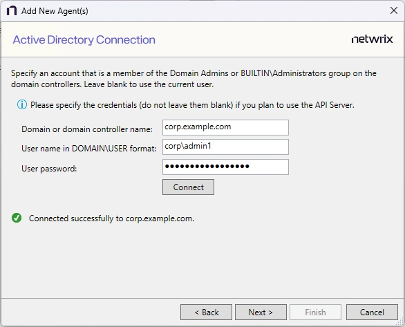Example of a successful connection on the Active Directory Connection page