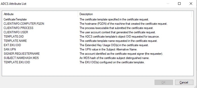 ADCS Attribute List Window | Netwrix Product Documentation