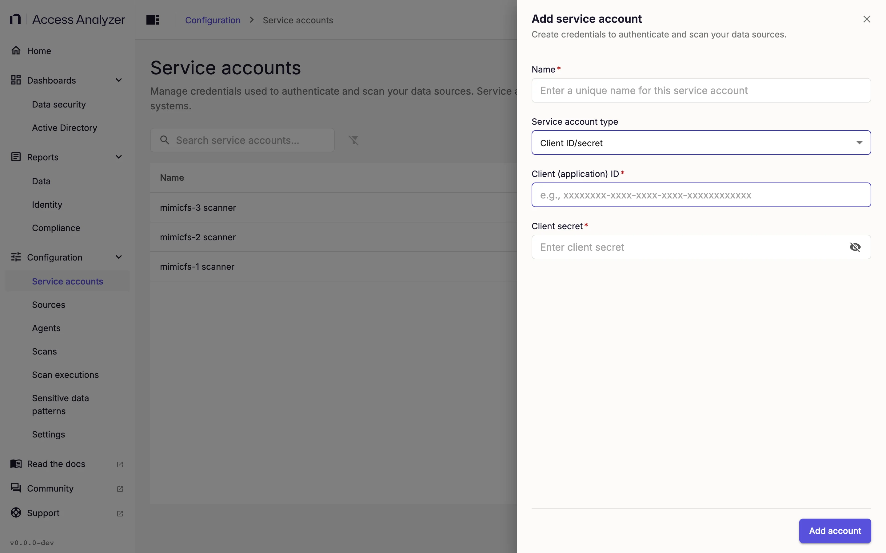 Add service account drawer with the Client ID/secret type selected