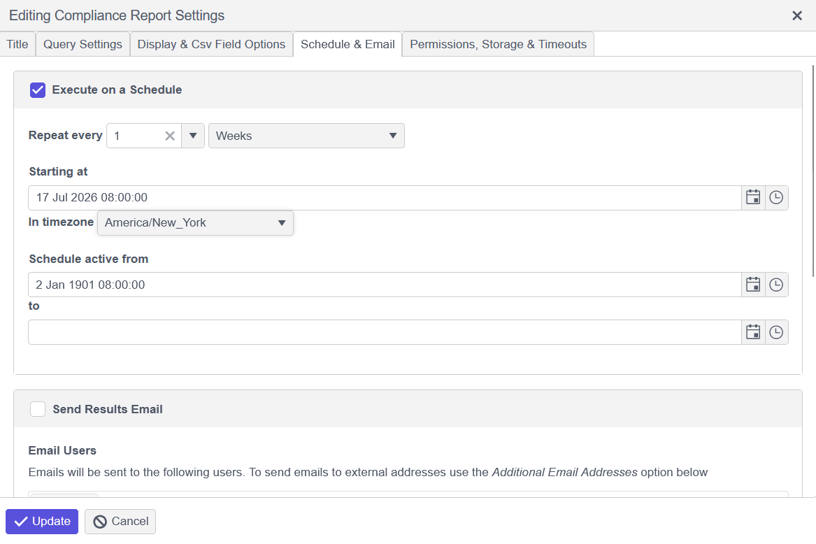 Schedule and Email tab for a new compliance report