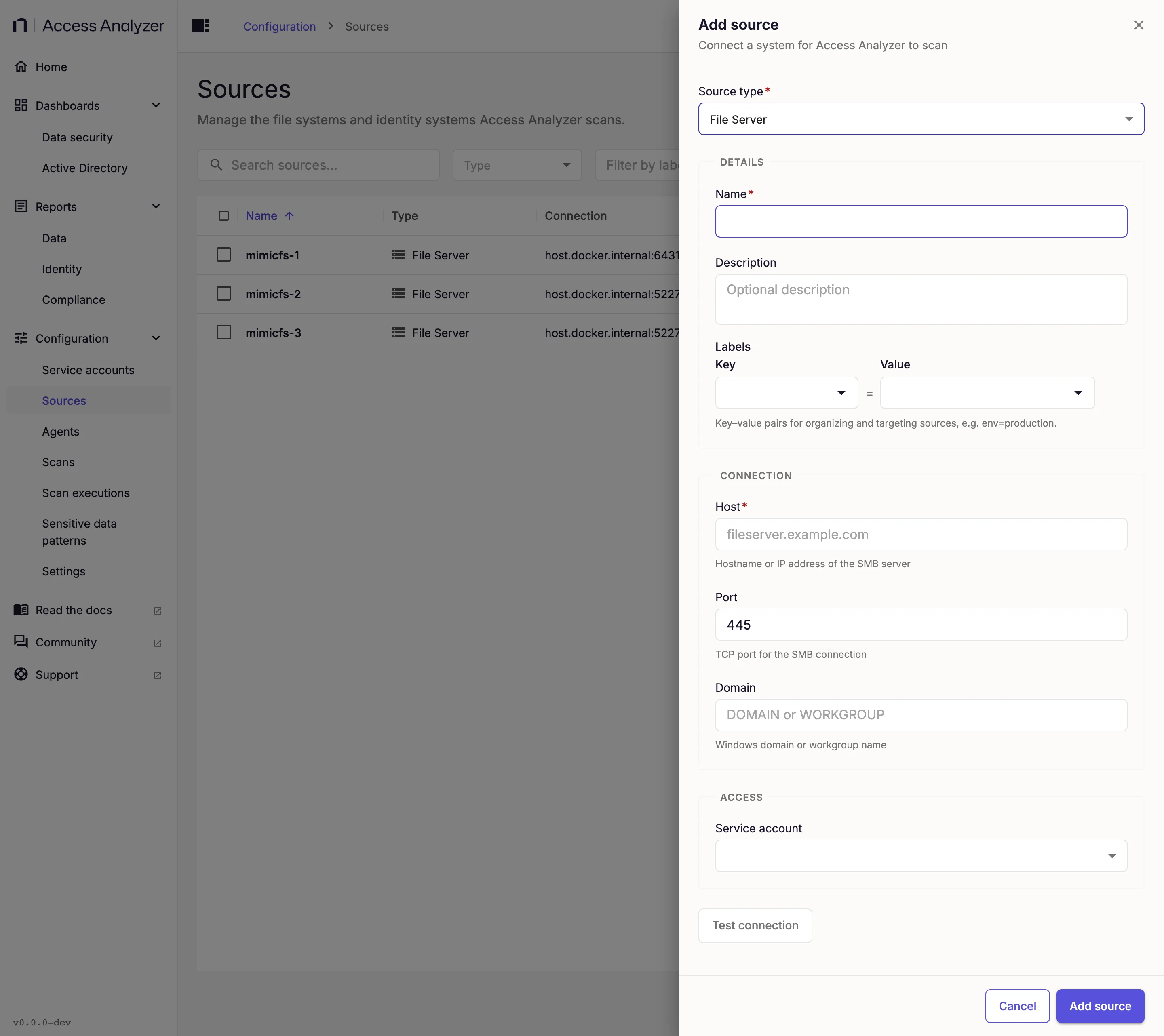 Add source drawer with File Server selected, showing the Details, Connection, and Access sections