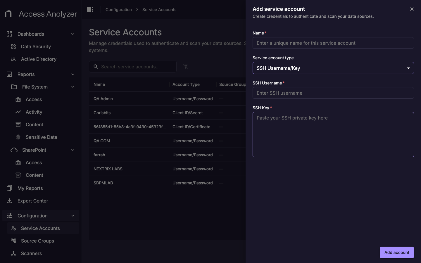 Add service account form showing SSH Username/Key fields: name, SSH username, and SSH key
