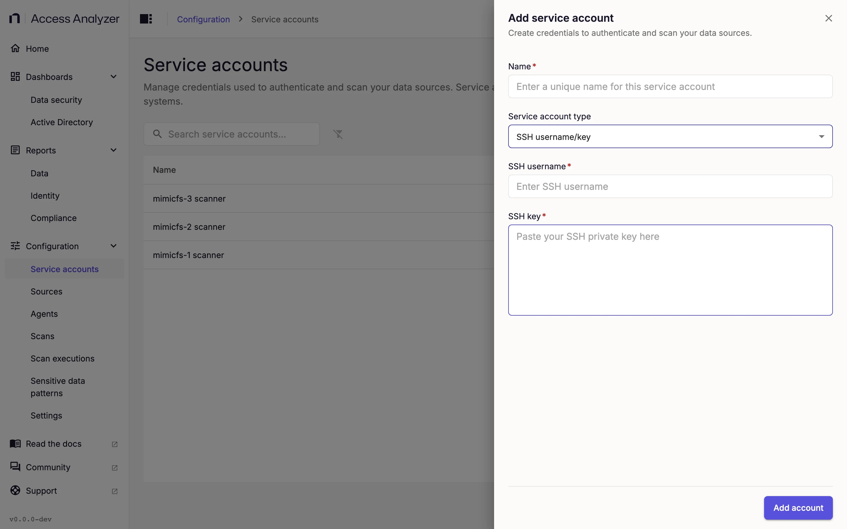 Add service account dialog with SSH username/key selected