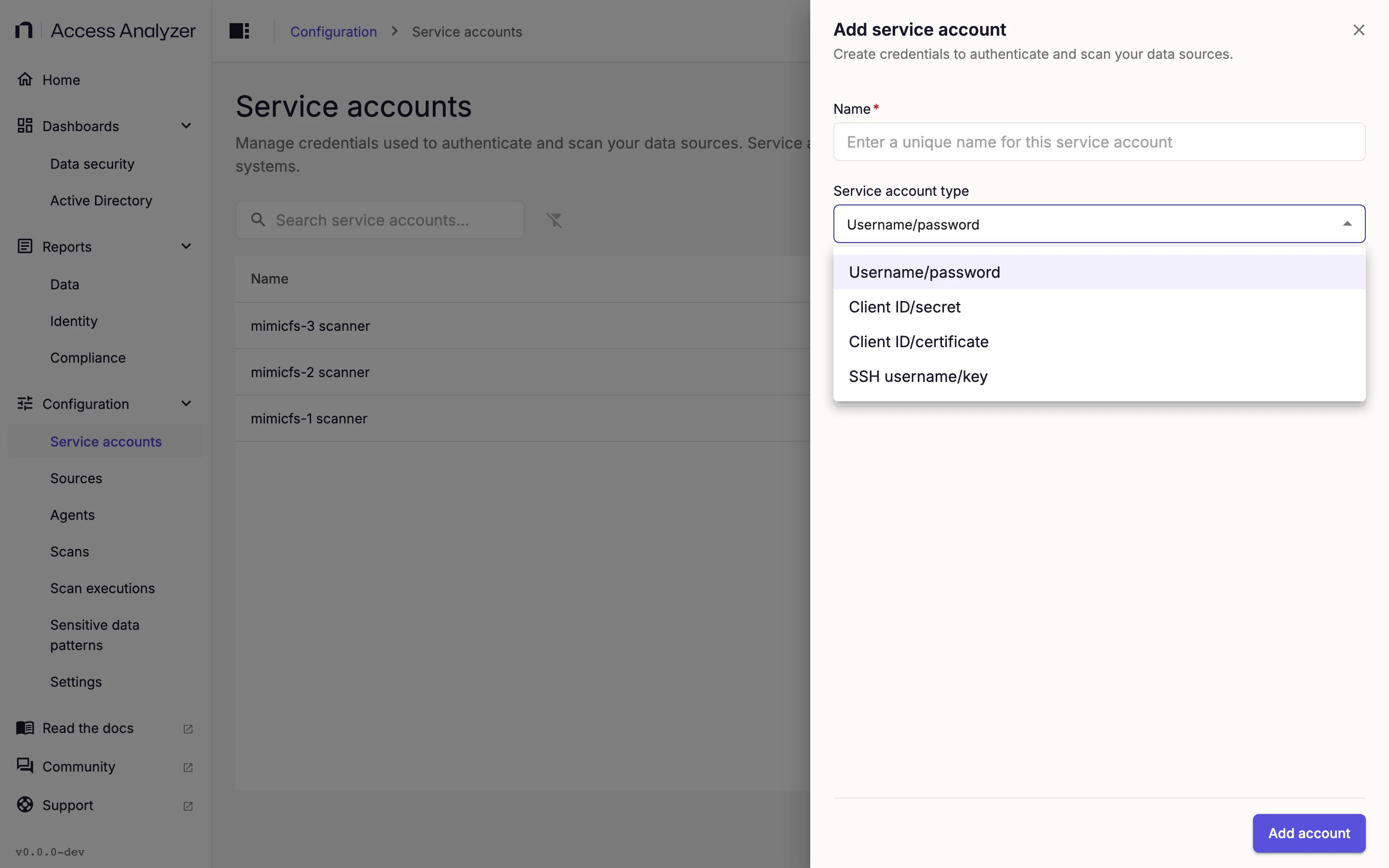 Service account type dropdown listing the four account types