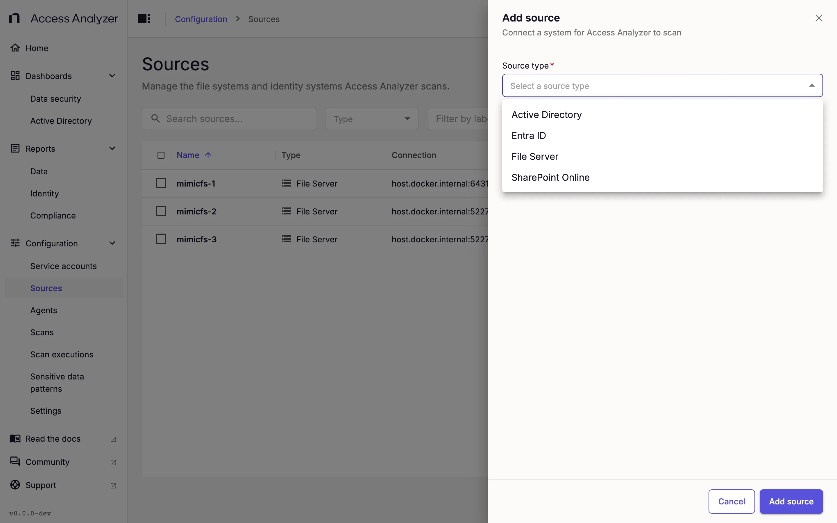 Source type dropdown listing Active Directory, Entra ID, File Server, and SharePoint Online
