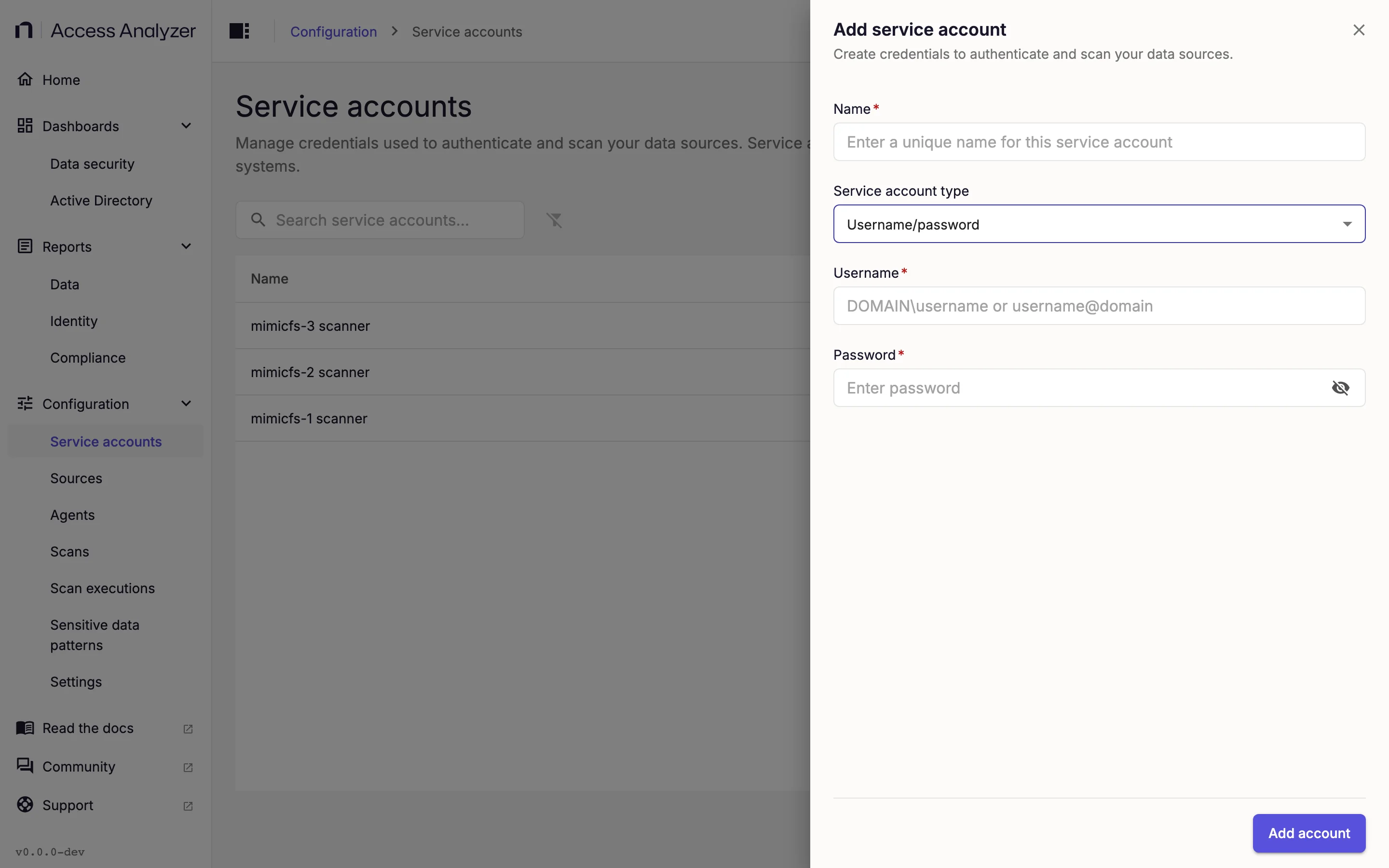 Add service account drawer with the Username/password type selected