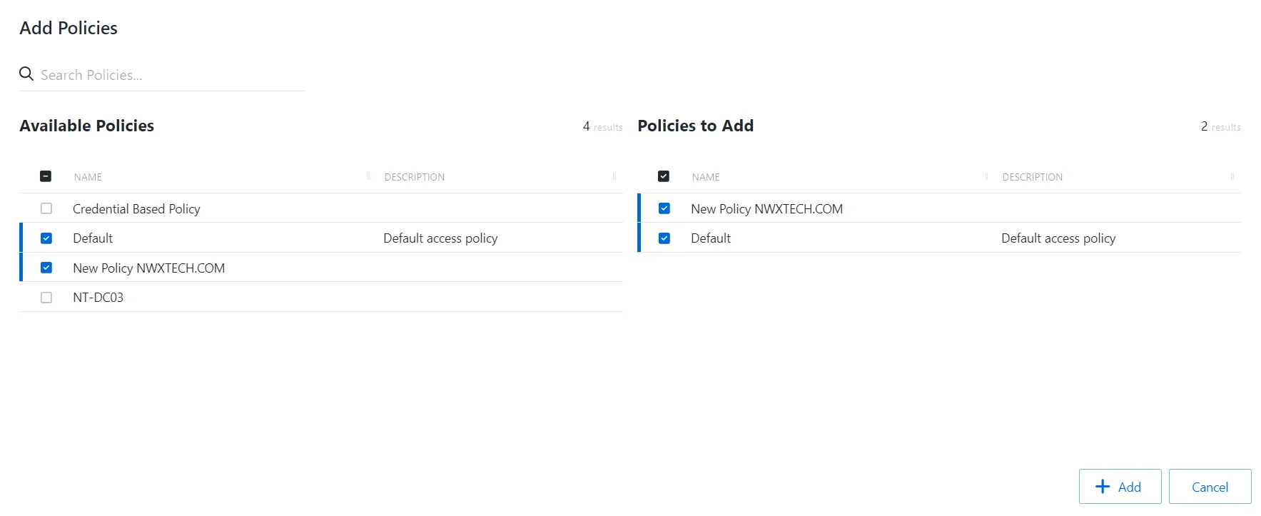 Add Policies to a Custom Role Window