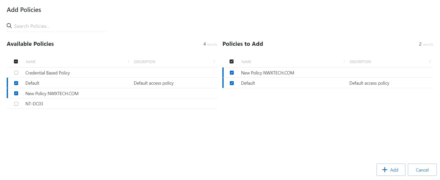 Add Policies to a Custom Role Window