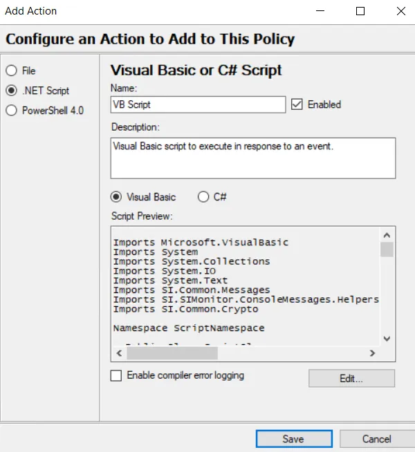Policy &gt; Actions tab &gt; Add Actions window for .Net Script