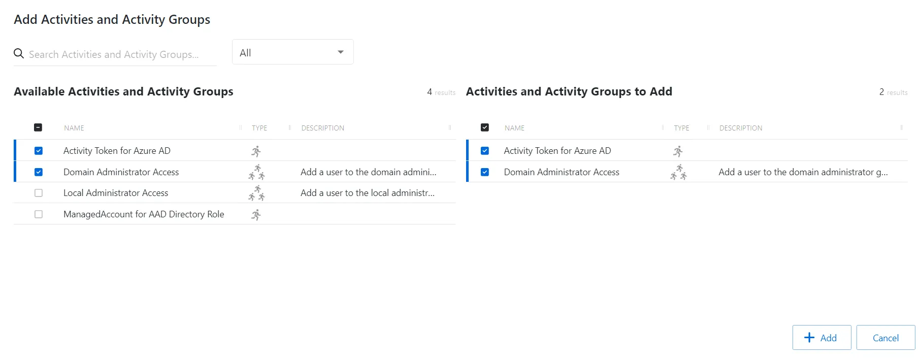 Add activities and activity groups window