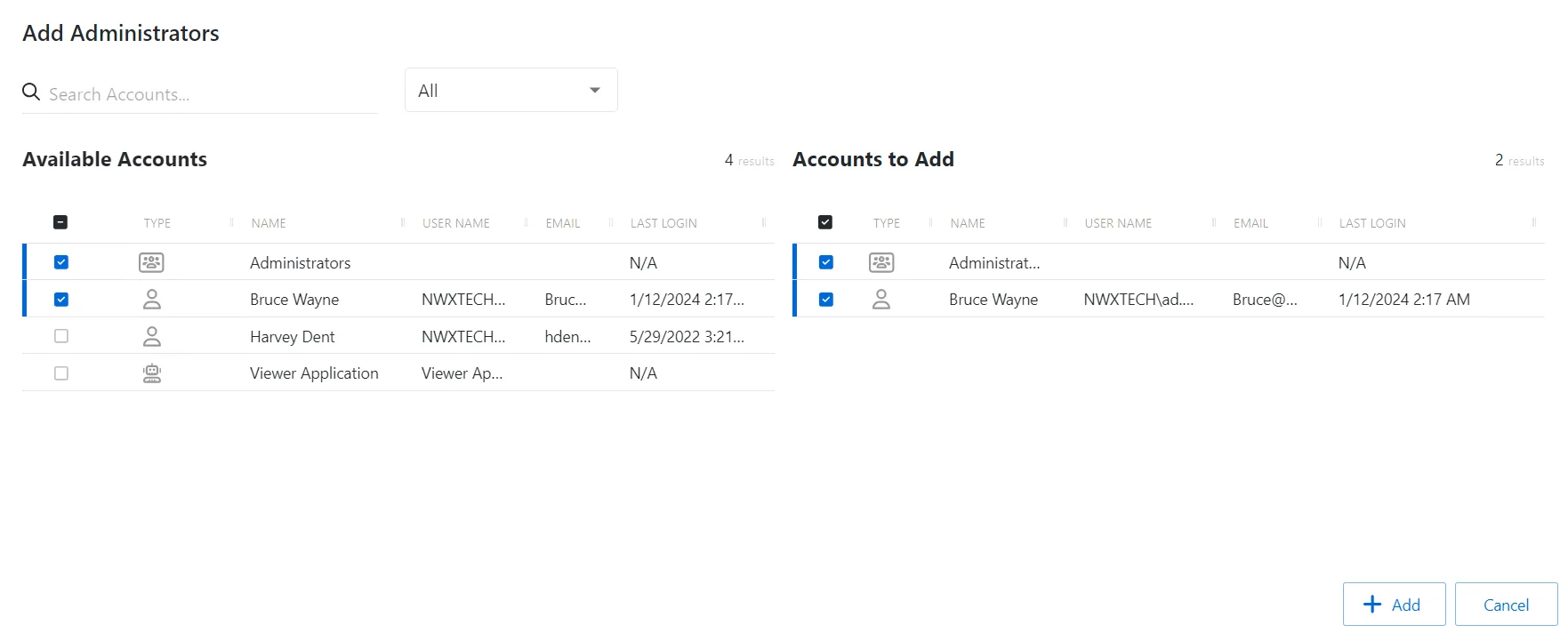 Add Administrators Window