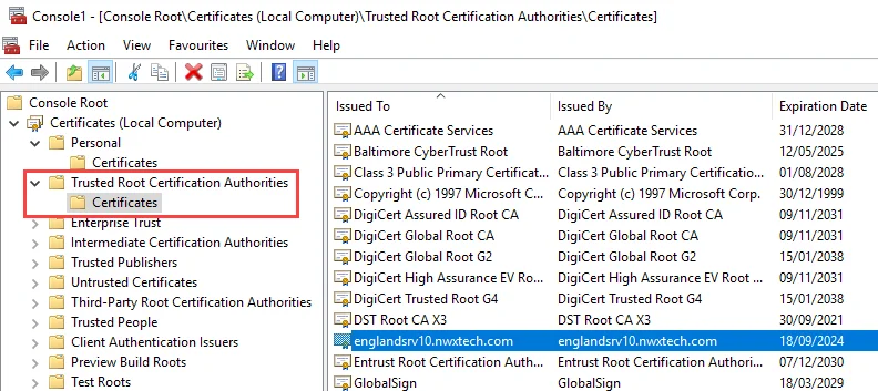 Microsoft Management Console Trusted Root Certification Authorities Certificates