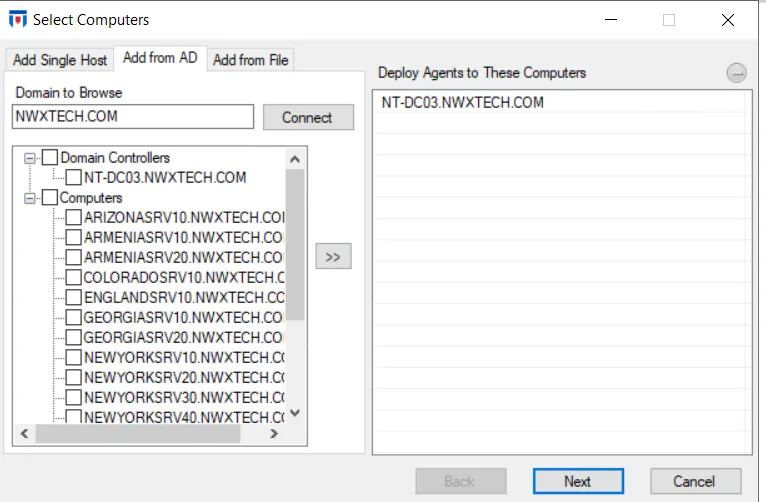 Deploy Agents wizard – Select Computers page: Add from AD tab