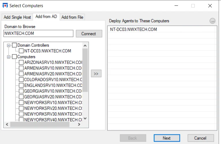 Deploy Agents wizard – Select Computers page: Add from AD tab