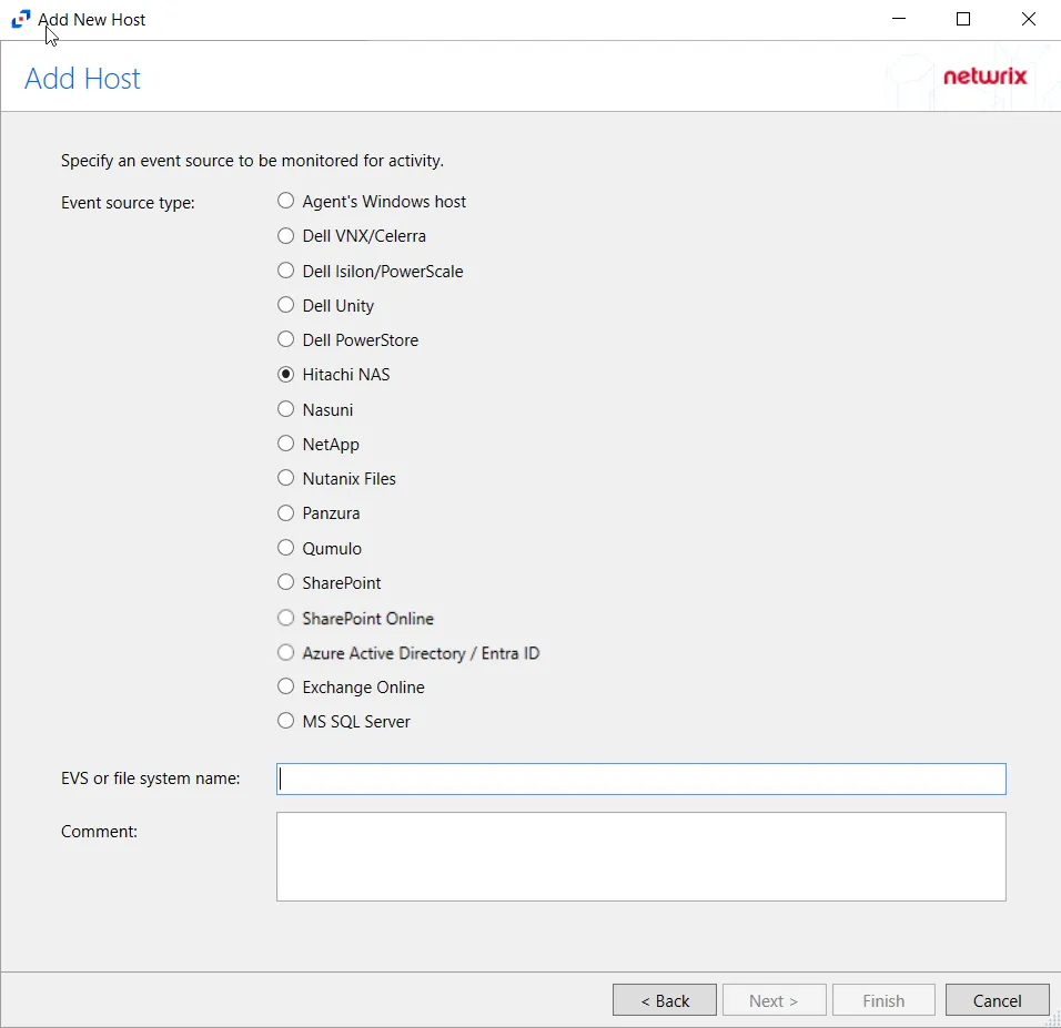 Add Host page with Hitachi NAS selected