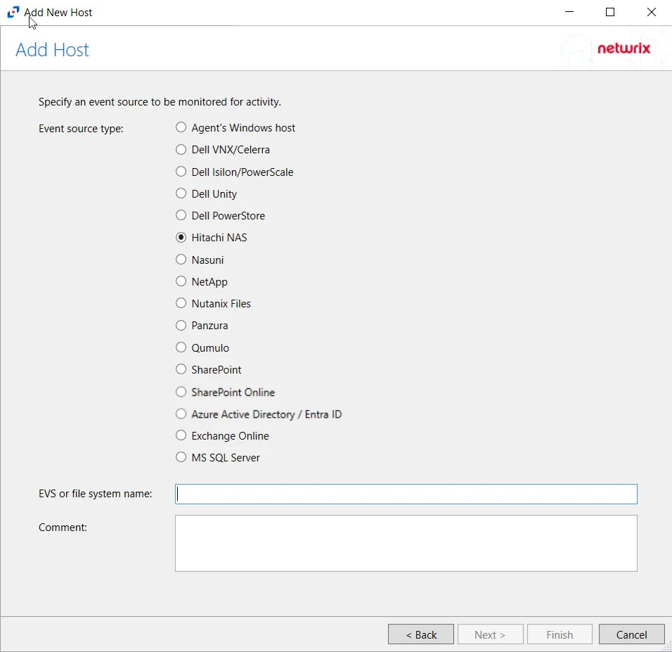Add Host page with Hitachi NAS selected