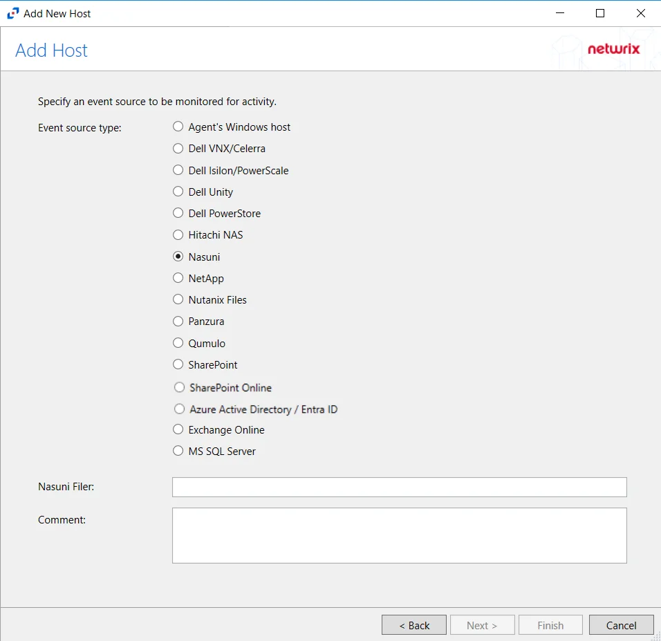 Add Host page with Nasuni selected