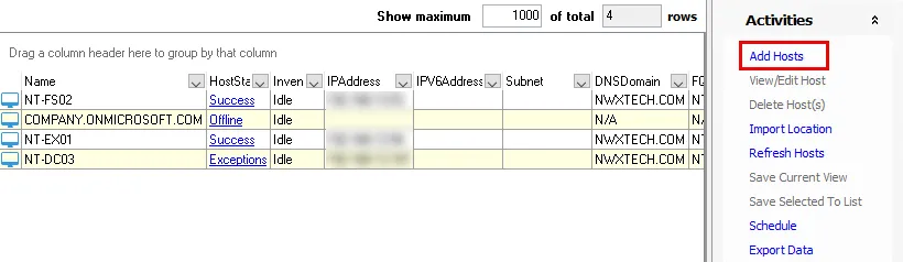 Add Hosts option on Activities pane of the Host Management node