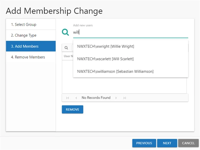 Add Membership Change wizard Add Members page