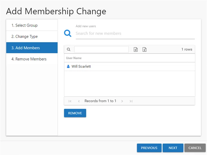 Add Members page User Name table