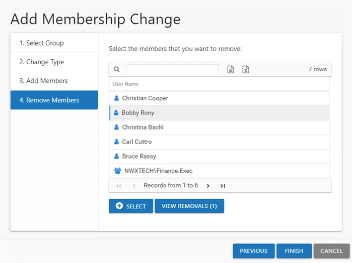 Add Membership Change wizard Remove Members page