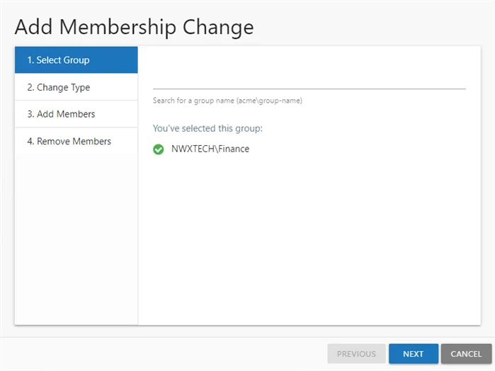 Add Membership Change wizard Select Group page