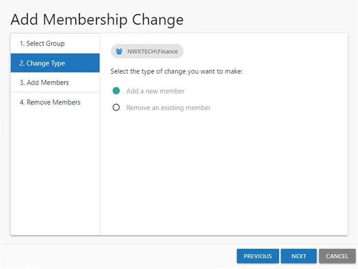Add Membership Change wizard Change Type page