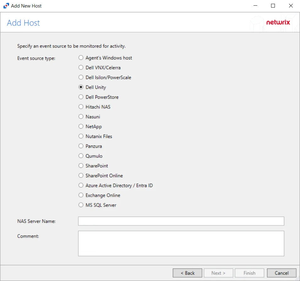 Add Host window with Dell Unity selected