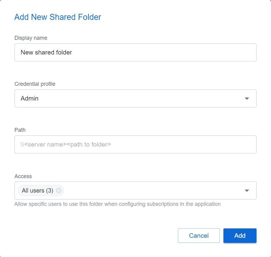 Add New Shared Folder window