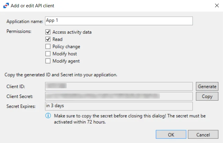 Add or Edit API Client popup window