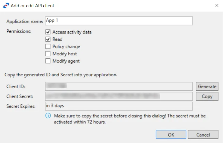 Add or Edit API Client popup window