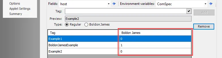 Boldon James Column on Add Tags Parameters page