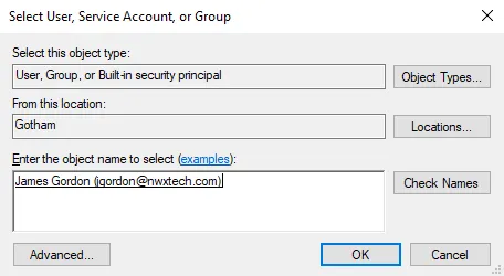 Select User, Service Account, or Group window