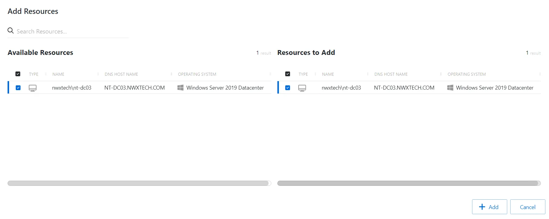 Protection policy add resource window