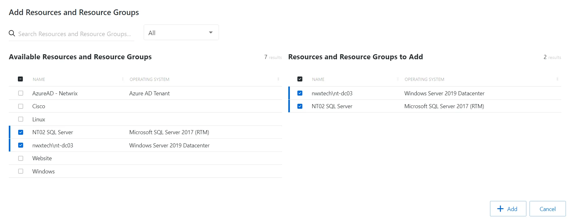 Add resources and resource groups window