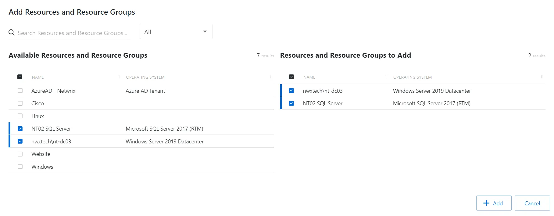 Add resources and resource groups window
