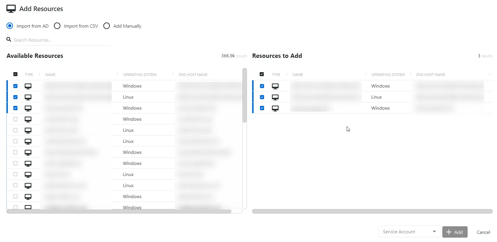 Add Resources window showing the Import from AD option