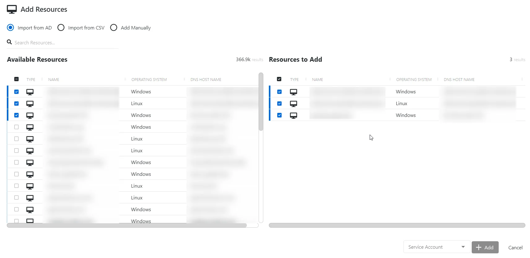 Add Resources window showing the Import from AD option