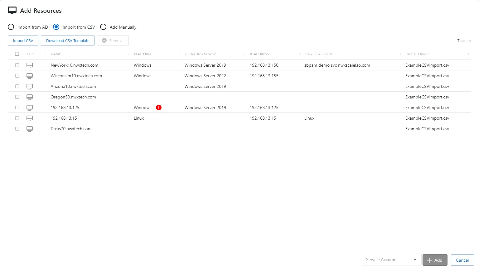 Add Resources window showing the Import from CSV option