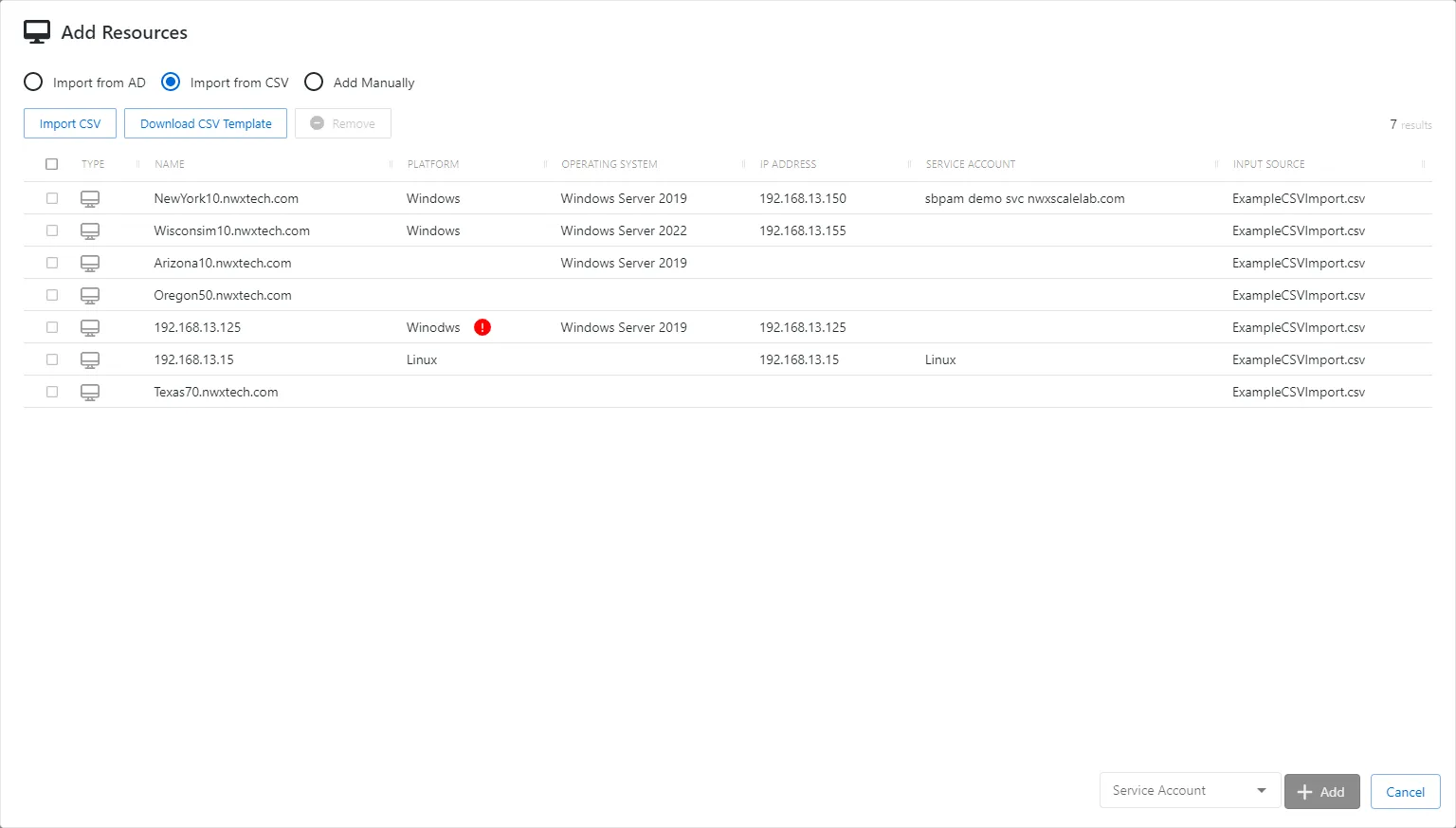 Add Resources window showing the Import from CSV option
