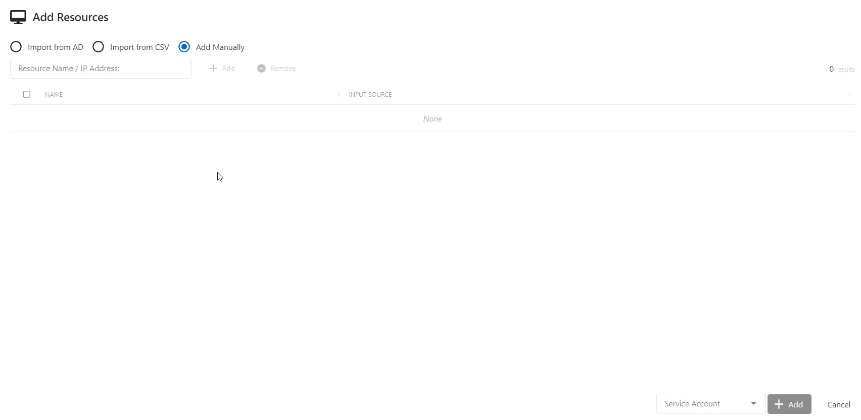 Add Resources window showing the Add Manually option