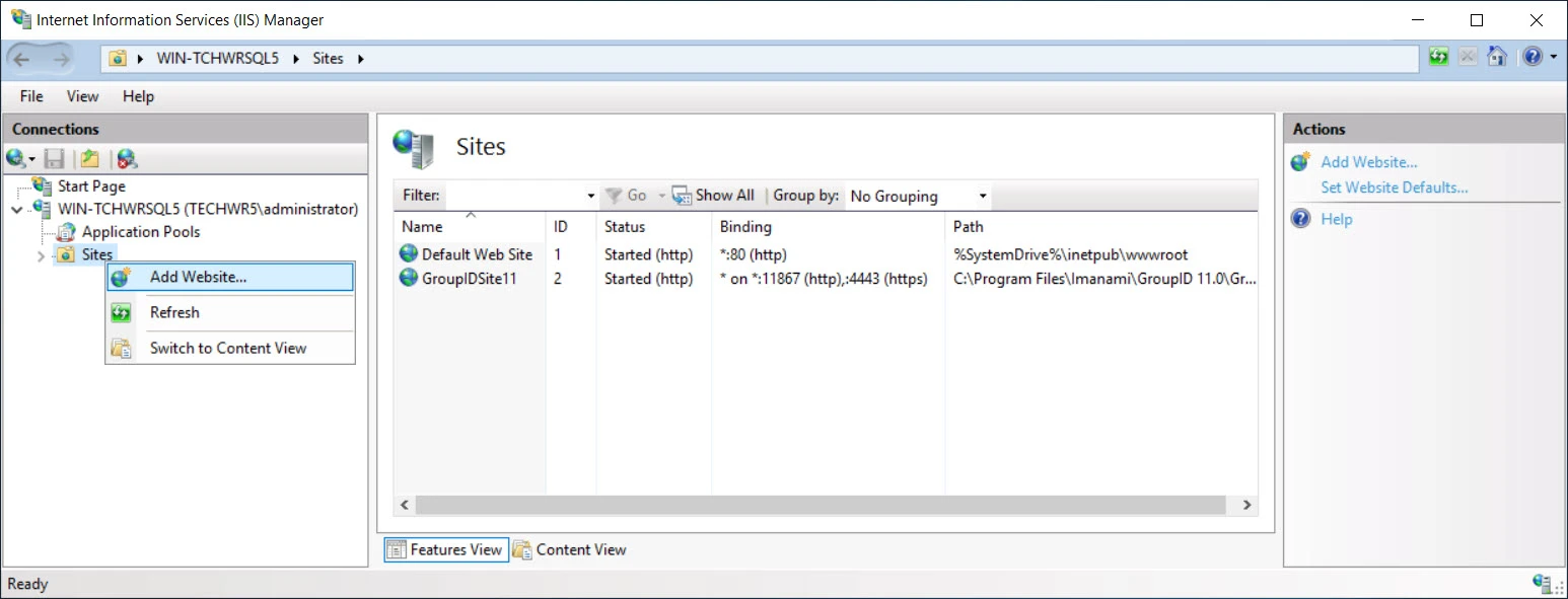 Add a website in IIS