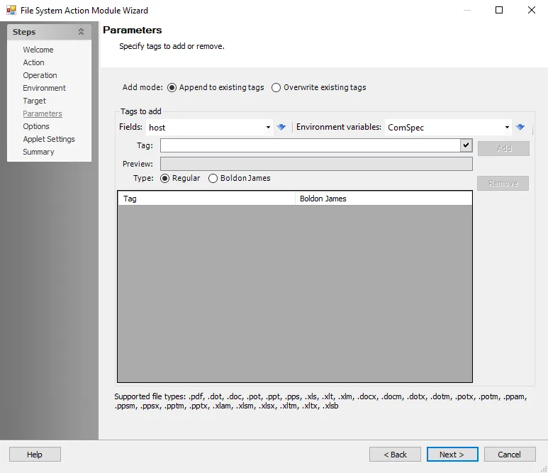 File System Action Module Wizard Add Tags Parameters page