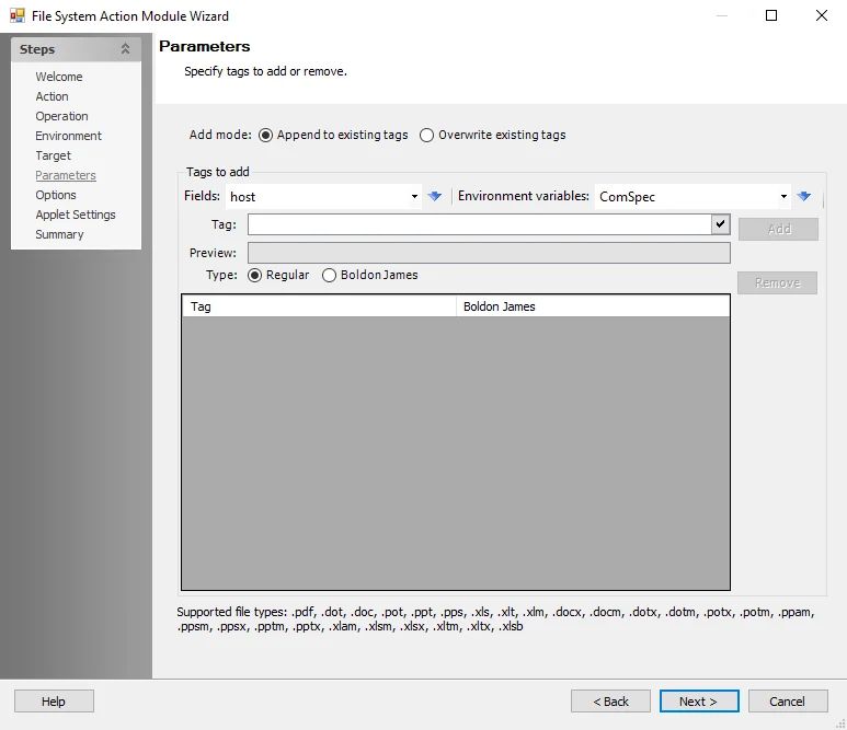 File System Action Module Wizard Add Tags Parameters page