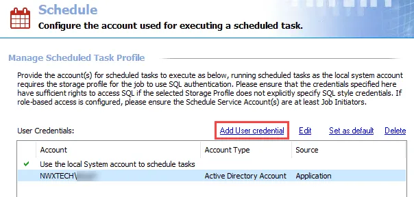 Add User credential option in the Schedule view