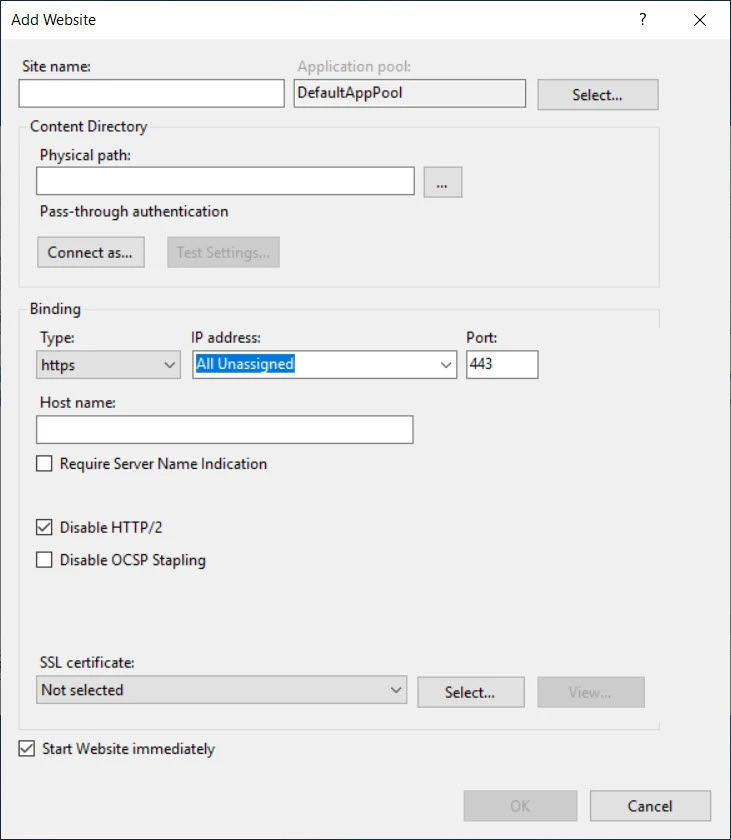 Add Website window
