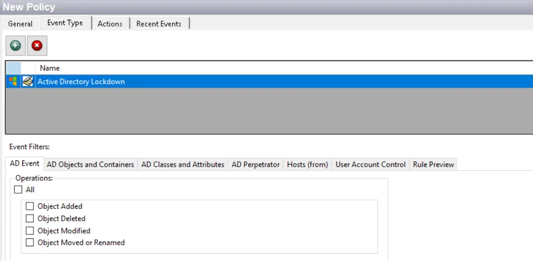Policy window - Active Directory Lockdown Event Type