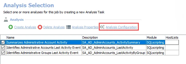 Summarizes Administrative Account Activity analysis task configuration